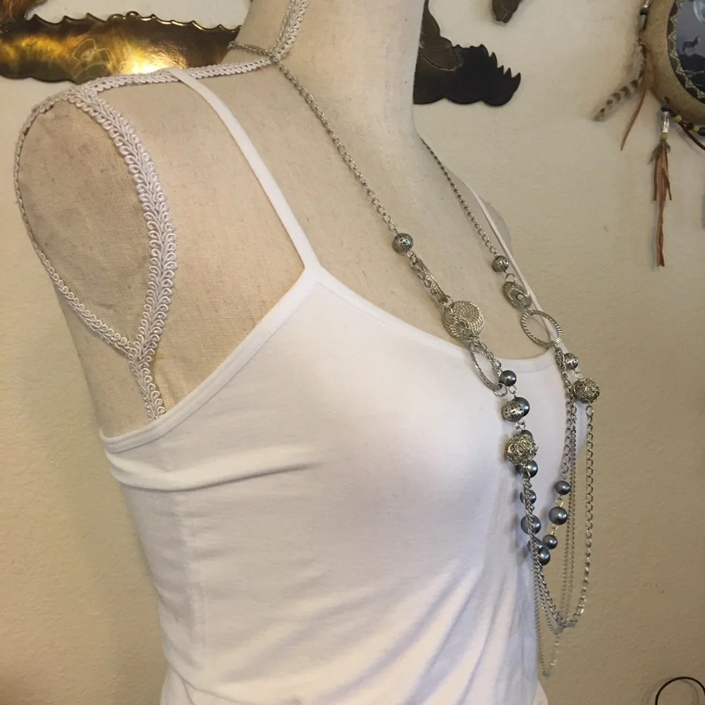 Silver tone tiered gray pearl bead long necklace